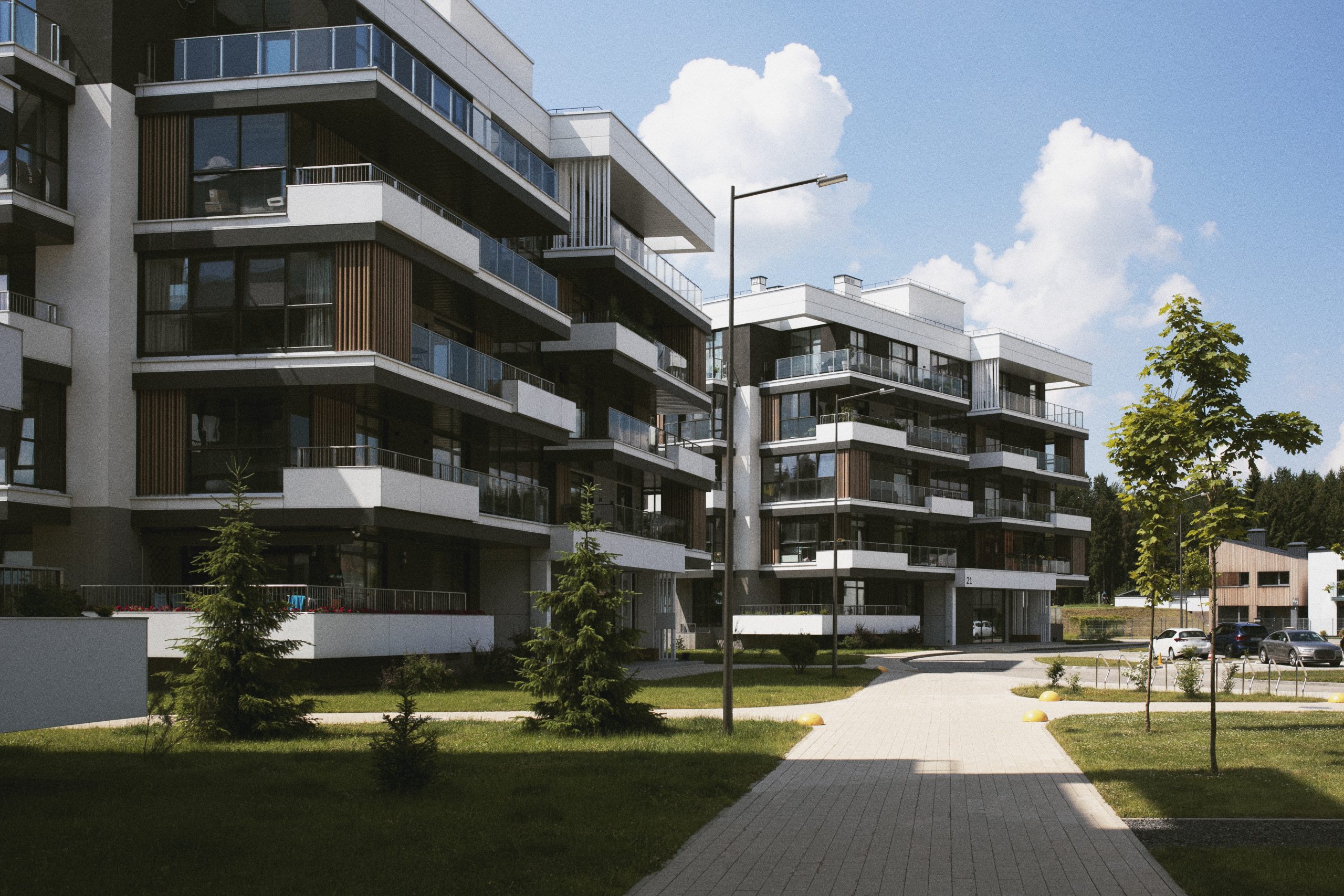 Modern apartment blocks with landscaped grounds